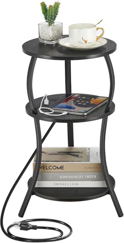YEAKOO Small Side Table with Charging Station,3-Tier Round end Table | Small Nightstand Sofa Couch Corner Table for Living Room Bedroon Small Spaces, Type C & USB Ports,Black - color: Black, style: USB Charger