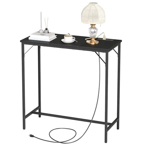 HOOBRO Bar Table with Charging Station, Rectangular Pub Table, High Top Coffee Table, Counter Bar Height Table, Narrow Long Dining Table, 35.4" L x 15.7" W x 35.6" H, Black BB90UBT01N1 - color: Black