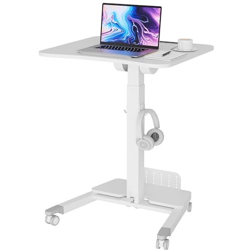 BONTEC Mobile Standing Desk Adjustable Height, Rolling Laptop Cart with Storage Shelf, Hooks, Portable Workstation with Pneumatic Lift, Ergonomic Compact Home Office Desk, White 23.6" x 20.5" - color: White, size: 23.6" x 20.5"