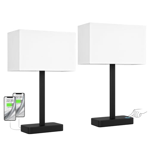 Hong-in Touch Lamps for Bedroom - 3-Way Dimmable Bedside Lamps Set of 2 with USB C+A, White Modern Table Lamp for Night Stands, Desk Lamp for Living Room Nightstand End Tables Bed Side - color: E. White&Black