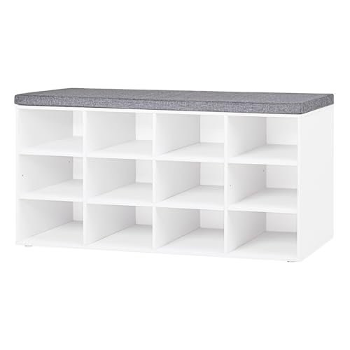 Shoe Storage Bench with Cushion, 40.9" Cubby Shoe Rack, 12-Cubby | Entryway Shoe Organizer Bench, Adjustable Shelves for Boots, Removable Washable Cushion, Closet/Hallway/Bedroom/Garage, White - color: White, size: 12 Cubby