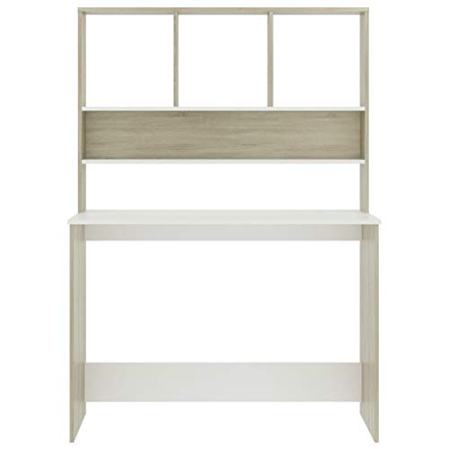 Computer Desk with Shelves, Modern Writing Workstation for Home Office, 43.3 x 17.7 x 61.8 Inches, Engineered Wood, White and Sonoma Oak - color: White and Sonoma Oak