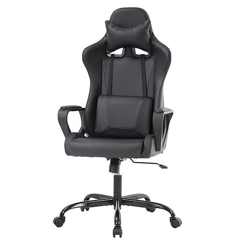 PayLessHere Ergonomic Racing Desk Chair Gaming Chair Computer Chair with Armrests 360° Swivel & Caster Pu Desk Task Chair Executive Headrest Lumbar Support for Back Pain Women Men and Adults (Black) - color: Black