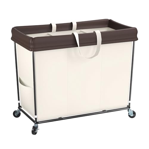 Mefirt 320L Laundry Hamper with Wheels, 3 Section Large Rolling Laundry Basket Bag with Wheels, Clothes Hamper Cart for Laundry, Bedroom, Bathroom and Dorm - color: Beige, size: 320L