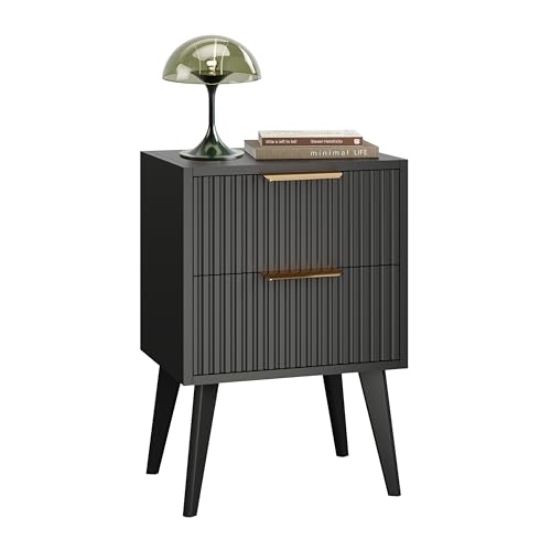 YAUKOMEL Black Nightstand,Mid Century Modern Bedside Table, Fluted Nightstand with 2 Drawers,Side Table with Wood Legs, End Table for Bedroom,Apartment,Dormitory,Small Space Black CTG55BK - color: Black, style: Fluted Style