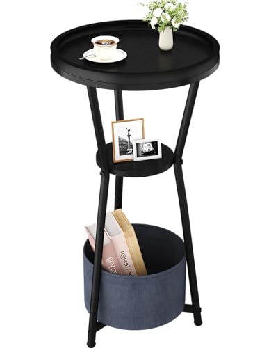 Yusong Round Side Table, Small Drink Table for Small Spaces, 3-Tier Industrial End Table, Accent Nightstand Bedside Table for Living Room, Bedroom, Sofa Couch, Black - color: Black, size: 3 Tier (No Charging Station)
