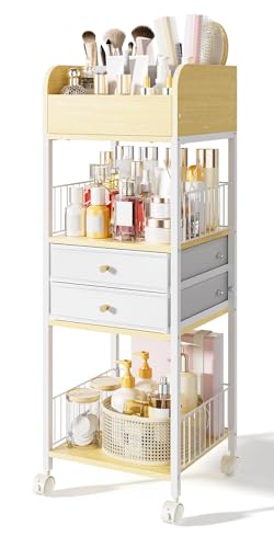 TidyStash Rolling Cart with Drawers 4-Tier Storage Cart with Large Drawers, Heavy-Duty Steel Frame and Wood Shelves Organizer for Makeup, Skincare Bathroom Kitchen Dorm Vanity Home Supplies - style: Tall - Double Drawer