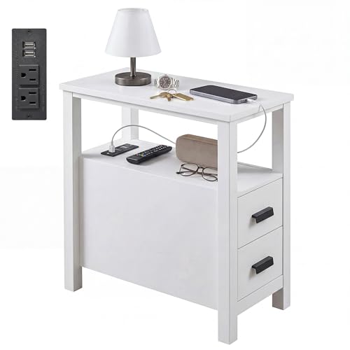 Narrow Nightstand with Charging Station, 24.4" H Slim Side Table with 2 Drawers, Bedside Table for Small Spaces, Modern End Table with Low Profile Legs (White) - color: White