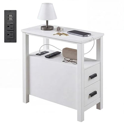 Narrow Nightstand with Charging Station, 24.4" H Slim Side Table with 2 Drawers, Bedside Table for Small Spaces, Modern End Table with Low Profile Legs (White) - color: White
