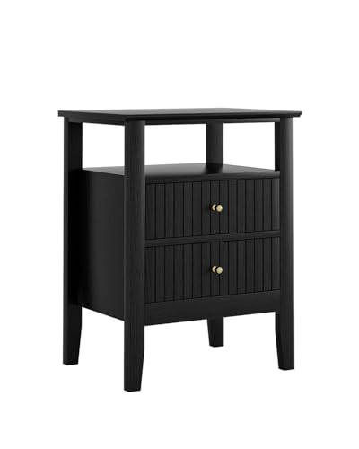 Fluted Nightstand, Farmhouse Night Stand with 2 Drawers, Mid Century Modern Side Accent Table,Bedside End Table for Bedroom, Living Room, Black - color: Black, size: 2 Drawers