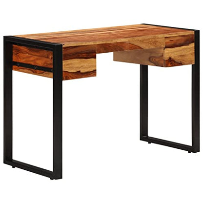 Industrial Writing Desk with Drawers, Solid Acacia Wood Home Office Workstation, Powder-Coated Steel Frame, Compact Study Computer Desk, 43.3 x 19.7 x 30.3 Inch