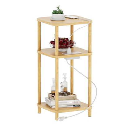 Bamboo End Table with Charging Station, Side Table for Small Space, Small Table Stand, Narrow Wooden Bedside Table Nightstand with Shelves, for Nursery, Living Room, Bedroom, Natural - color: Natural