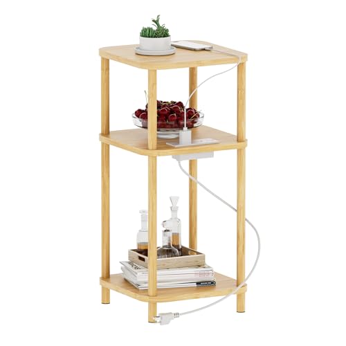 Bamboo End Table with Charging Station, Side Table for Small Space, Small Table Stand, Narrow Wooden Bedside Table Nightstand with Shelves, for Nursery, Living Room, Bedroom, Natural - color: Natural