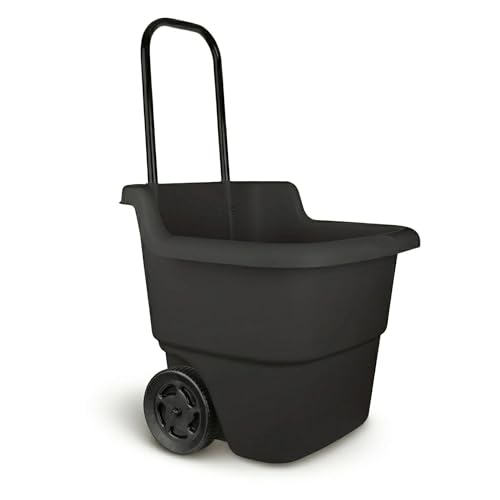 15-Gallon Rolling Lawn and Garden Utility Cart, Durable Resin Yard Wagon with Retractable Handle & 7-Inch Flat-Free Wheels for Outdoor Mulch, Dirt, and Debris Transport, Black