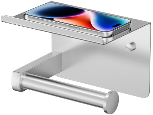 FORIOUS Toilet Paper Holder with Shelf, Adhesive or Screw Wall Mount Toilet Roll Holder for Bathroom, Rustproof 304 Stainless Steel Commercial Toilet Tissue Holder with Storage, Brushed Nickel - color: Stainless Steel