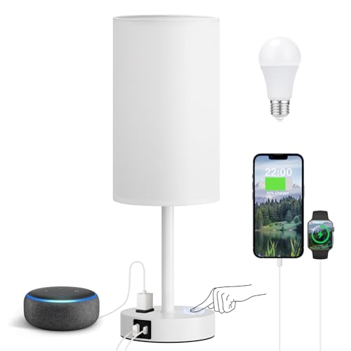 Fenmzee White Nightstand Bedroom Lamp - 3 Way Dimmable Bedside Lamp USB C A Charging Ports and AC Outlet, Small Table Lamp Linen Lampshade for Office Desk - color: White - White, size: 17.4" Touch Control