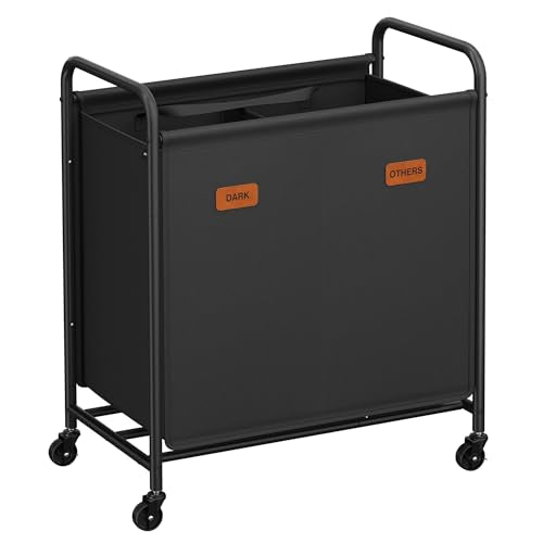 SONGMICS 2-Section Laundry Sorter, Laundry Hamper with Wheels, Rolling Clothes Hamper Cart with Large Capacity and Removable Bags, for Laundry Room, Bedroom, Bathroom, Ink Black URLS210B01 - color: Ink Black, size: 140 L