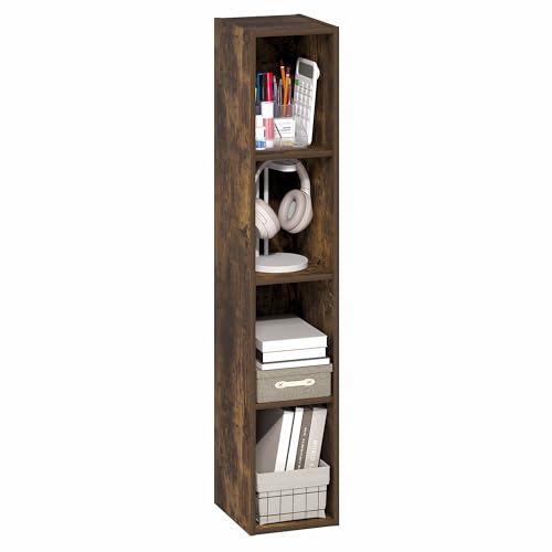 Furinno Fulda Book Shelf, 4-Tier Narrow Bookshelf, Standing Bookcase with 8-in Width Storage Shelf, 9.3 x 7.9 x 41.6, for Organization and Storage, for Living Room, Bedroom, Home Office, Amber Pine - color: Amber Pine, size: 4-Tier, 8W