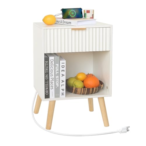 Fultyle White Nightstand with Charging Station, Mid Century Modern Bedside Table with Drawers and Outlet, Side Tables Living Room, Wooden Night Stand for Bedroom, Office (White) - color: White With Charging Station