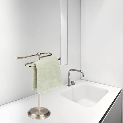 J&V TEXTILES Classical Steel Towel Rack Holder Stand with 2 Hanging Rings for Bathroom Vanity Countertops - Space Saving Hand Towel Holder (Brushed Satin Nickel) - color: Brushed Satin Nickel