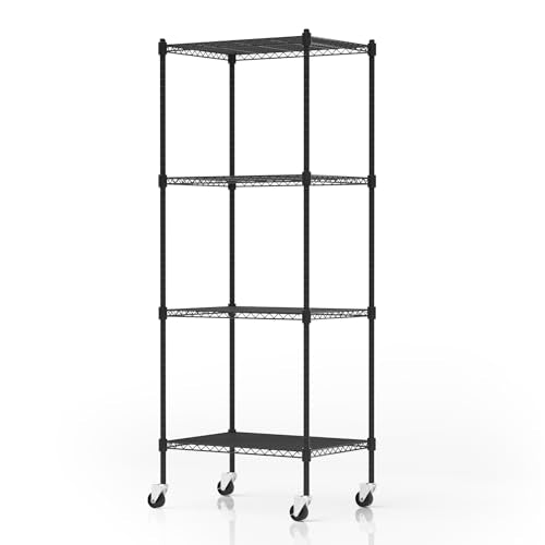 4 Tier Storage Shelves with Wheels, Heavy Duty Metal Garage Shelving Unit and Adjustable Feet, 865lb High Capacity Rolling Storage Shelf for Kitchen, Office, Dining Room (23.6"x 17.7"x 59"), Black - color: Black, size: 4-Tier with Wheels