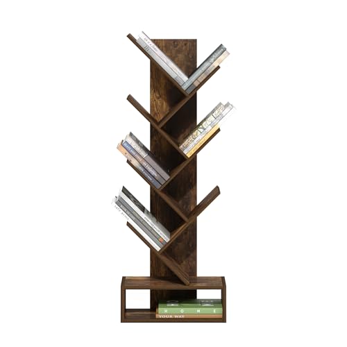 Furinno Tree Book Shelf, 7-Tier Bookshelf, Tree Bookcase with Bottom Shelf, 8.4 x 16.9 x 46.2, for Living Room, Bedroom, Home Office, Amber Pine - color: Amber Pine, size: 7-Tier Tree with Bottom Shelf