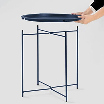 Garden 4 you End Table Metal Side Table Blue Round Folding Tray Cyan Sofa Small Accent Fold-able Table, Round End Table Tray, Next to Sofa Table, Snack Table for Living Room and Bed Room - color: Dark Blue