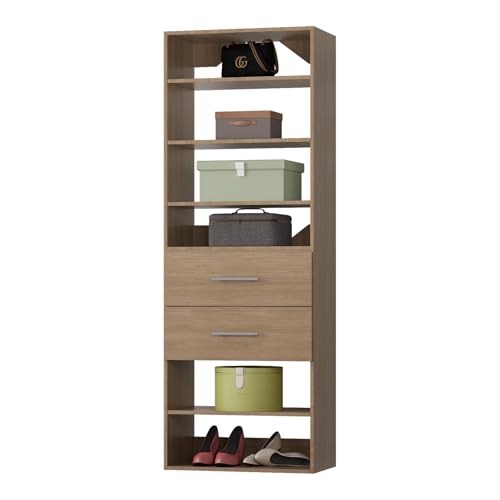 ROOMTEC Modular Closet System, 25.5" 2 Drawer Shelf Closet Tower Wall-Mounted Closet Organizer, Wooden Tower for Walk-In Closets, Wardrobe Storage Kit, Wood - size: 25.5" Wide, style: Model 11