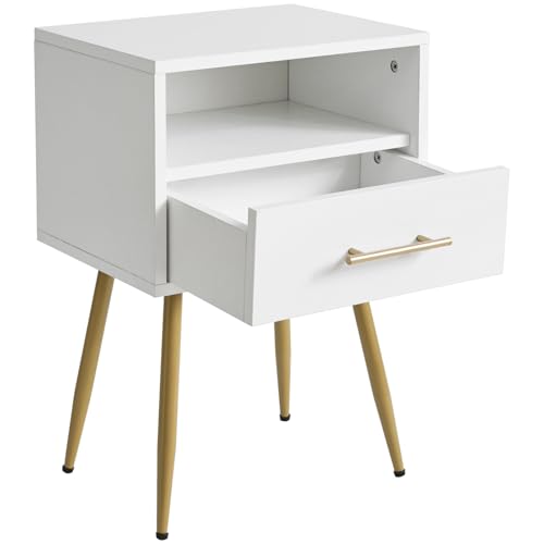 IBUYKE Nightstand, Mid Century Modern Night Stand, Bedside Table with Drawers and Open Storage Shelf, End Side Table with Metal Legs, for Bedroom, Small Spaces, White UWNS004W - color: White