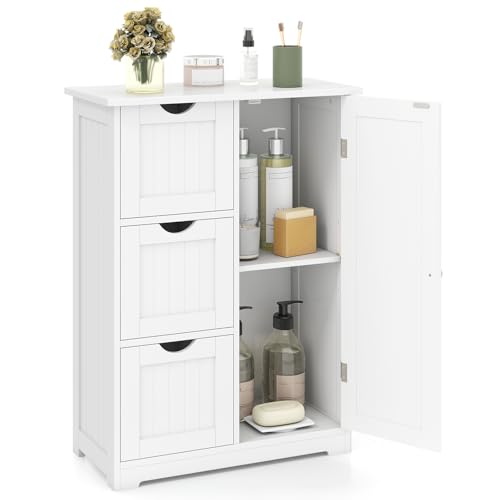 Tangkula Bathroom Floor Cabinet, Freestanding Storage Cabinet with 3 Drawers & Single Door, Adjustable Shelf, Multipurpose Bathroom Storage for Home Office, 23.5 x 12 x 32 Inches (3 Drawers, White) - color: White, style: 3 Drawers