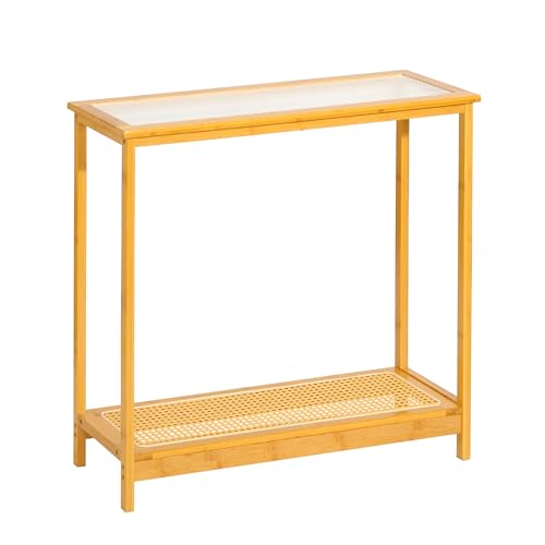 Bamboo Narrow Console Table, 31.5"(L) Wood Small Entryway Table with Rattan and Glass, Accent Slim Hallway Tables, Thin Sofa Side Tables for Hallway, Living Room, Foyer, Burlywood - color: Burlywood 31.5"(l)