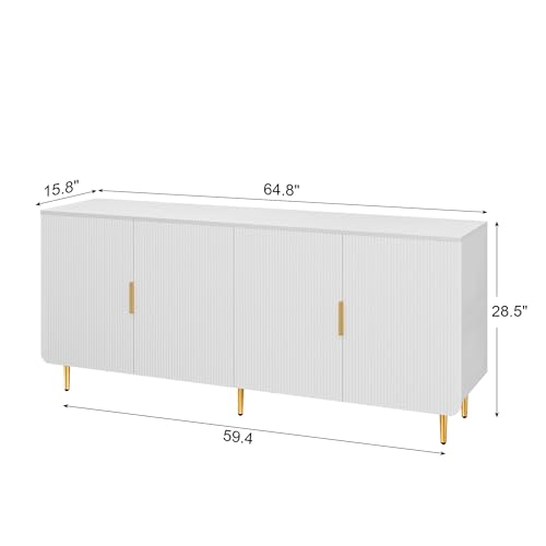 65" Fluted Sideboard Buffet Cabinet with Storage, Console Cabinet with 4 Doors & Adjustable Shelves, Modern Buffet Table for Kitchen Dining Living Room Hallway‌ Entryway, White - color: White