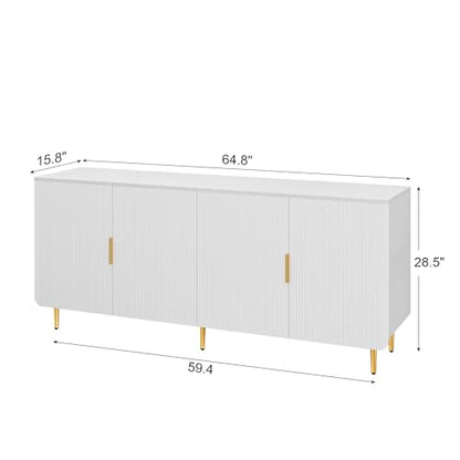 65" Fluted Sideboard Buffet Cabinet with Storage, Console Cabinet with 4 Doors & Adjustable Shelves, Modern Buffet Table for Kitchen Dining Living Room Hallway‌ Entryway, White - color: White