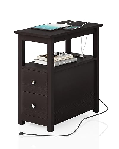 3-Tier Side Table Slim Sofa End Table with 2 Drawers and 1 Open Shelf Narrow Space for Living Room, Espresso Power (Outlets and USB Ports Included) - color: Brown
