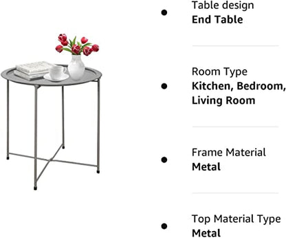 Garden 4 you Folding Tray Metal Side Table 2PC Grey Round End Table Cyan Sofa Small Accent Fold-able Table, Round End Table Tray, Next to Sofa Table, Snack Table for Living Room and Bed Room - color: Grey