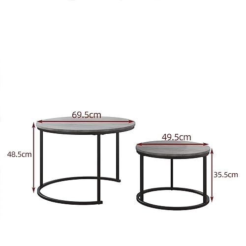 HOJINLINERO Round Nesting Coffee Tables Set of 2,Black+Warm Grey,Large | Center Tables for Living Room,Bedroom,Office,Home Small Space,Stacking Side Tables,Sturdy and Easy Assembly,Wood Desktop - color: Grey, size: Large