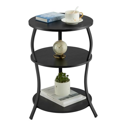 YEAKOO Round Side Table, 3-Tier Waist End Table with Storage Shelf, Side Tables Living Room,15.75x24’’Round Table, Sofa Side Table, Snack Table TV Tray Table, Vintage Nightstand for Bedroom,Black - color: Black