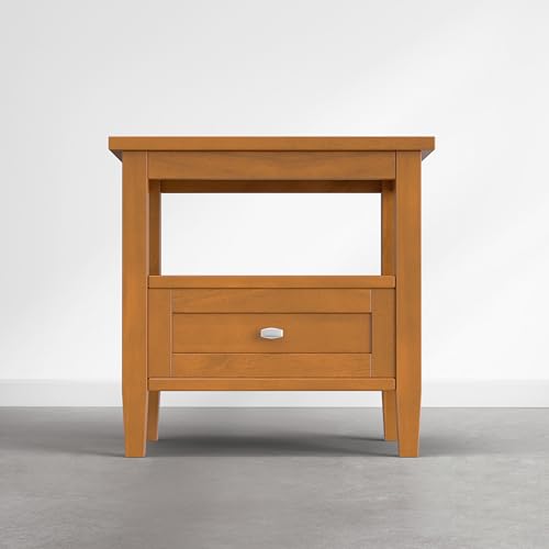 SIMPLIHOME Warm Shaker End Table - 20 inch Wide Solid Wood Side Table in Warm Honey Brown, Transitional Accent Table for Living Room with Drawer, Open Shelf and Square Tapered Legs - color: Warm Honey Brown, size: 20 inch, style: End Table