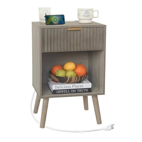 Fultyle Grey Wood Nightstand with Charging Station, Modern Bedside Table with Fluted Drawers and Storage Shelf, End Side Tables Living Room for Bedroom, Office (Grey) - color: Grey With Charging Station