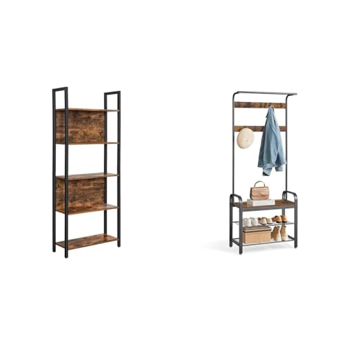 VASAGLE 5-Tier Industrial Bookshelf and 4-in-1 Entryway Coat Rack with Shoe Bench