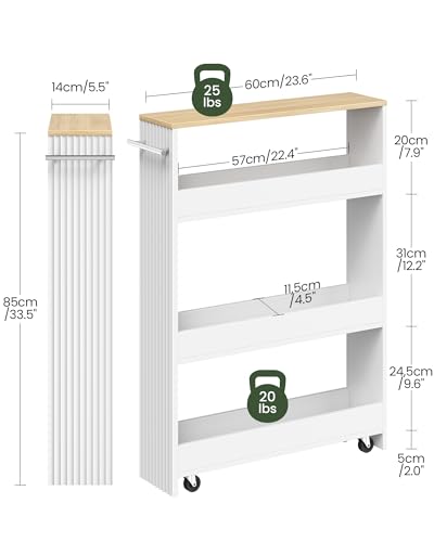 CHOEZON Slim Storage Cart with Wheels, 5.5" Narrow 4-Tier Rolling Cart, Multi-Purpose Utility Cart for Kitchen, Bathroom, Laundry Room, Living Room, White and Natural MTC02WN