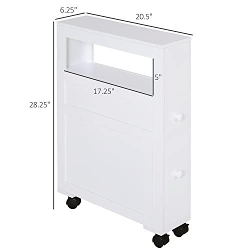 HOMCOM 6.25" x 20.5" x 28.25" Wood Rolling Narrow Bathroom Side Storage Cabinet - White - color: White