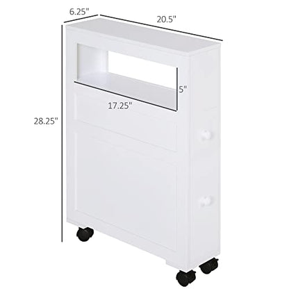 HOMCOM 6.25" x 20.5" x 28.25" Wood Rolling Narrow Bathroom Side Storage Cabinet - White - color: White