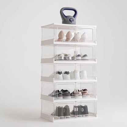 Thicken & Sturdy Clear Shoe Storage Organizer with Magnetic Door,Stackable Plastic Shoe Box，for Closet, Shoe Storage Box Containers,Easy Assembly，Set of 3