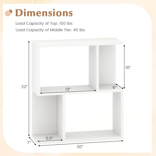 22’’ H Geometric Bookshelf, 2-Tier S-Shaped Floor Bookcase, Freestanding Open Display Book Shelf for Small Spaces, Low Side Table for Living Room & Bedroom (1, White) - color: White