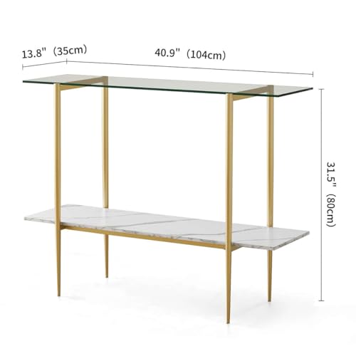 LumFurn Glass Console Table for Living Room, Foyer & Entrance, 2-Tiers Mid-Century Modern Sofa Table with Clear Glass Top, White Marble Finish Wood Shelf and Gold Finish Frame - color: Clear & White Marble, size: L41" Sofa Table