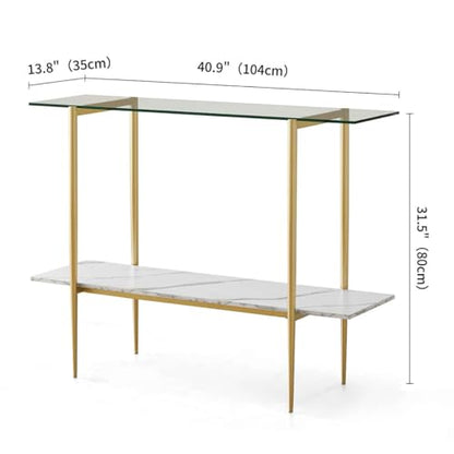 LumFurn Glass Console Table for Living Room, Foyer & Entrance, 2-Tiers Mid-Century Modern Sofa Table with Clear Glass Top, White Marble Finish Wood Shelf and Gold Finish Frame - color: Clear & White Marble, size: L41" Sofa Table