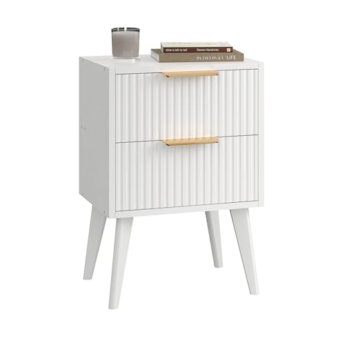YAUKOMEL Fluted Nightstand with 2 Drawers,Modern Bedside Table with Metal Handles,Side Table with Solid Wood Legs,End Table for Living Room,Bedroom,Small Spcae 11.8" D x 15.7" W x 22.8" H White CTG55W - color: White, style: Fluted Style