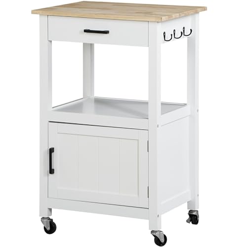 Nova Microdermabrasion Kitchen Island Cart on Wheels, Rolling Kitchen Cart with Single Door Cabinet, Mobile Small Coffee Cart Microwave Oven Cart Serving Cart for Dining Room, White