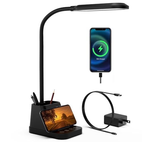 AXX LED Desk Lamp with USB Charging Port, Study Table Light for Home Office Bedrooms, Black, Flexible Gooseneck, Small, 650LM, Pen Holder, Timer Settings, School Essentials for College Dorm Room - color: Black